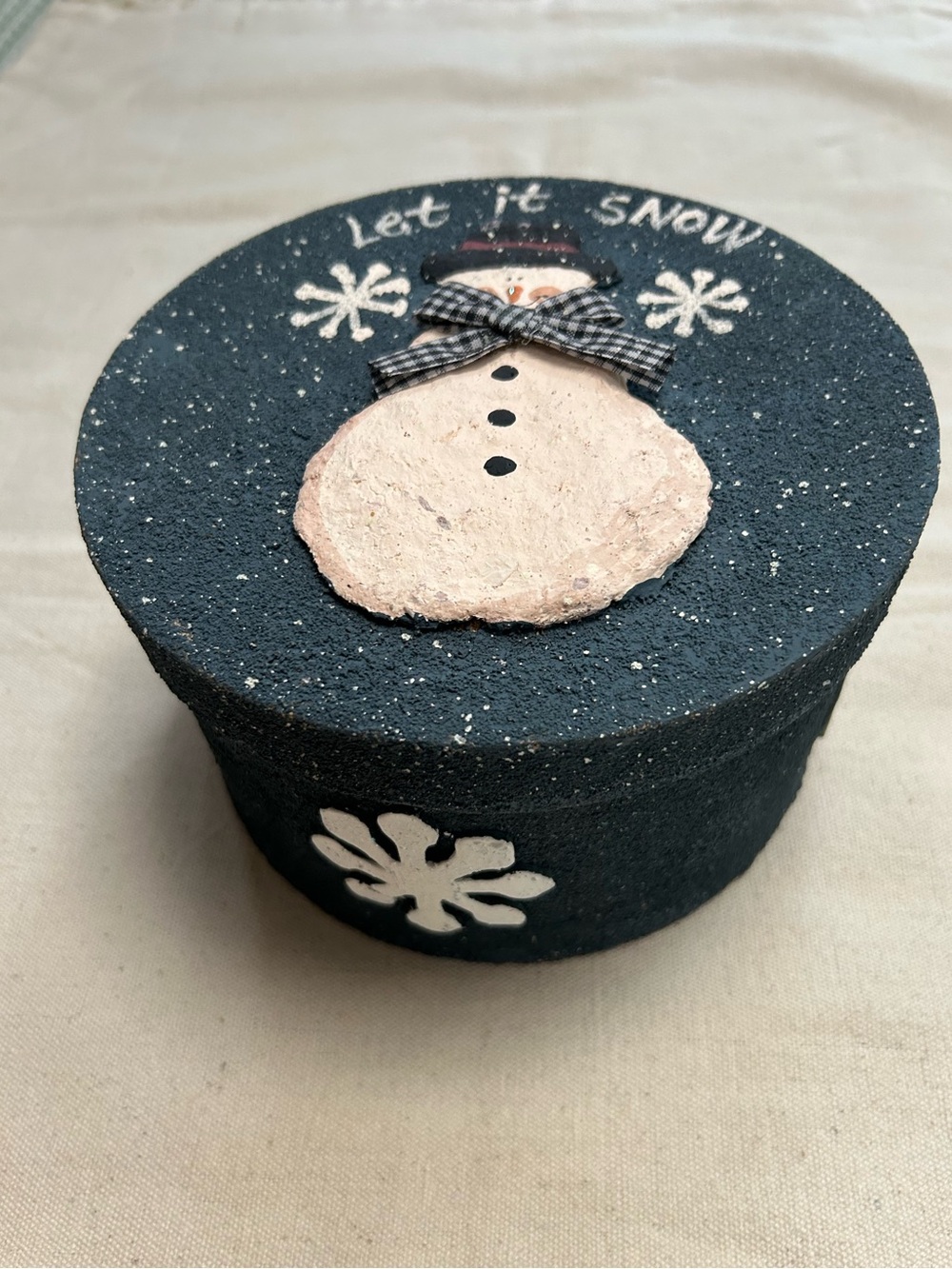 “Let It Snow”Snowman Holiday Truffle Box-dark blue & cream. Carrier, gift box.
